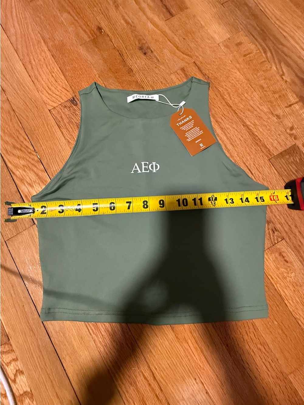 NWT AEPHI Reoria Olive Green Cropped Tank Top with Greek Letters